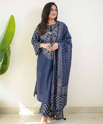 Navy blue bandhani printed pure cotton straight kurta set with dupatta 1