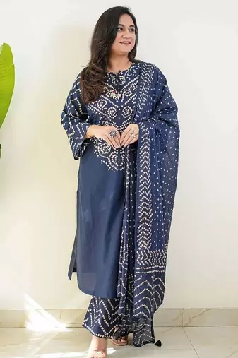 Navy blue bandhani printed pure cotton straight kurta set with dupatta