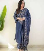 Navy blue bandhani printed pure cotton straight kurta set with dupatta