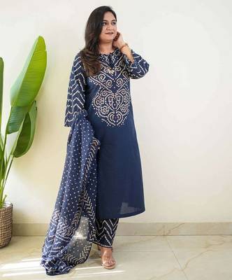 Navy blue bandhani printed pure cotton straight kurta set with dupatta 2
