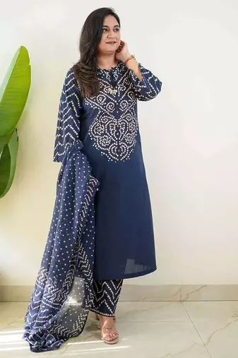 Navy blue bandhani printed pure cotton straight kurta set with dupatta