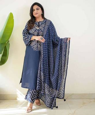 Navy blue bandhani printed pure cotton straight kurta set with dupatta 3