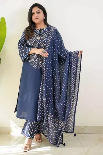 Navy blue bandhani printed pure cotton straight kurta set with dupatta