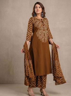 Brown bandhani printed pure cotton straight kurta set with dupatta 1