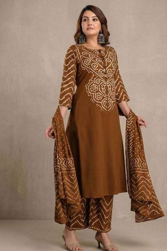Brown bandhani printed pure cotton straight kurta set with dupatta