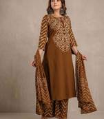 Brown bandhani printed pure cotton straight kurta set with dupatta