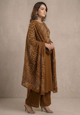 Brown bandhani printed pure cotton straight kurta set with dupatta 2