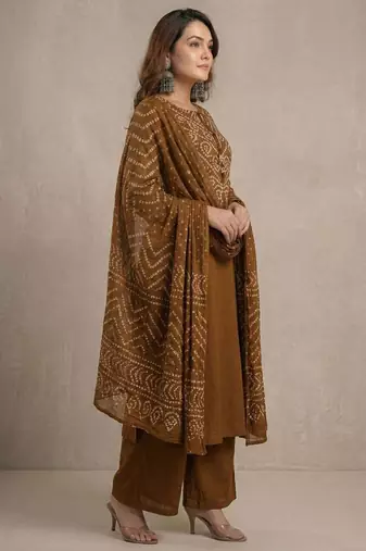 Brown bandhani printed pure cotton straight kurta set with dupatta