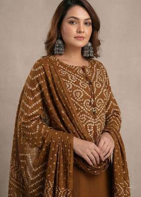Brown bandhani printed pure cotton straight kurta set with dupatta 3