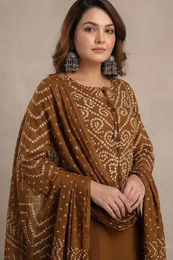 Brown bandhani printed pure cotton straight kurta set with dupatta