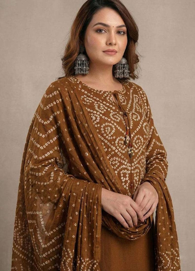 Brown bandhani printed pure cotton straight kurta set with dupatta