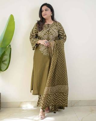 Olive bandhani printed pure cotton straight kurta set with dupatta 1