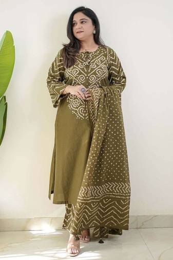 Olive bandhani printed pure cotton straight kurta set with dupatta