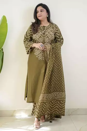 Olive bandhani printed pure cotton straight kurta set with dupatta