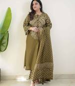 Olive bandhani printed pure cotton straight kurta set with dupatta