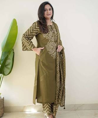 Olive bandhani printed pure cotton straight kurta set with dupatta 2