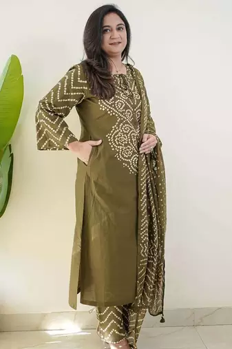 Olive bandhani printed pure cotton straight kurta set with dupatta