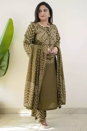 Olive bandhani printed pure cotton straight kurta set with dupatta