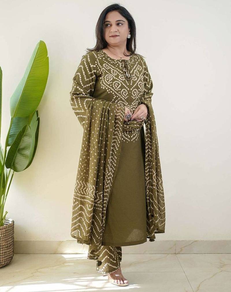 Olive bandhani printed pure cotton straight kurta set with dupatta
