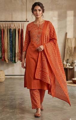 Orange bandhani printed pure cotton straight kurta set with dupatta 1