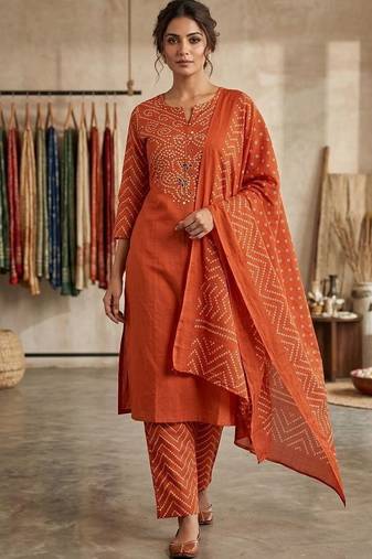 Orange bandhani printed pure cotton straight kurta set with dupatta