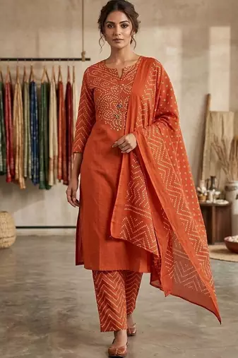 Orange bandhani printed pure cotton straight kurta set with dupatta