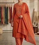 Orange bandhani printed pure cotton straight kurta set with dupatta