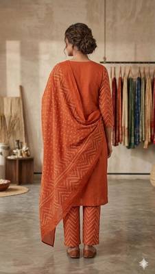 Orange bandhani printed pure cotton straight kurta set with dupatta 2