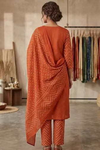 Orange bandhani printed pure cotton straight kurta set with dupatta