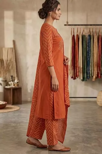 Orange bandhani printed pure cotton straight kurta set with dupatta