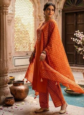 Orange bandhani printed pure cotton straight kurta set with dupatta 4