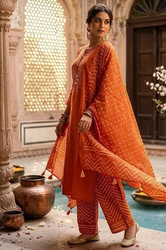 Orange bandhani printed pure cotton straight kurta set with dupatta