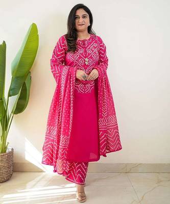 Pink bandhani printed pure cotton straight kurta set with dupatta 1