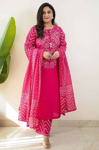 Pink bandhani printed pure cotton straight kurta set with dupatta