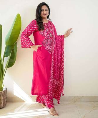 Pink bandhani printed pure cotton straight kurta set with dupatta 2