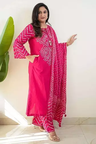 Pink bandhani printed pure cotton straight kurta set with dupatta