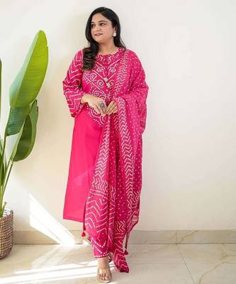 Pink bandhani printed pure cotton straight kurta set with dupatta 3