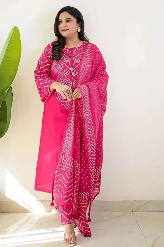 Pink bandhani printed pure cotton straight kurta set with dupatta