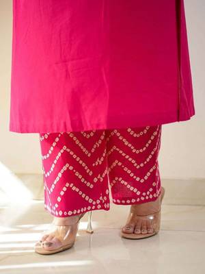 Pink bandhani printed pure cotton straight kurta set with dupatta 4