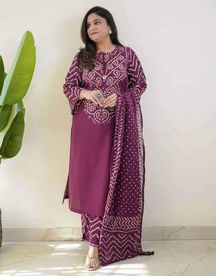 Purple bandhani printed pure cotton straight kurta set with dupatta 1