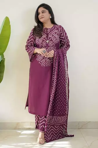 Purple bandhani printed pure cotton straight kurta set with dupatta