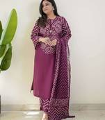 Purple bandhani printed pure cotton straight kurta set with dupatta