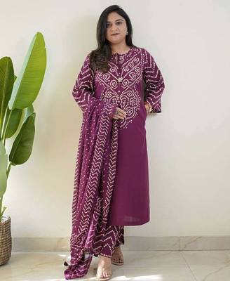Purple bandhani printed pure cotton straight kurta set with dupatta 2