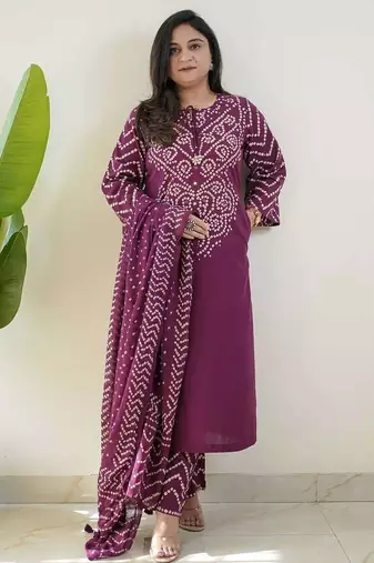 Purple bandhani printed pure cotton straight kurta set with dupatta