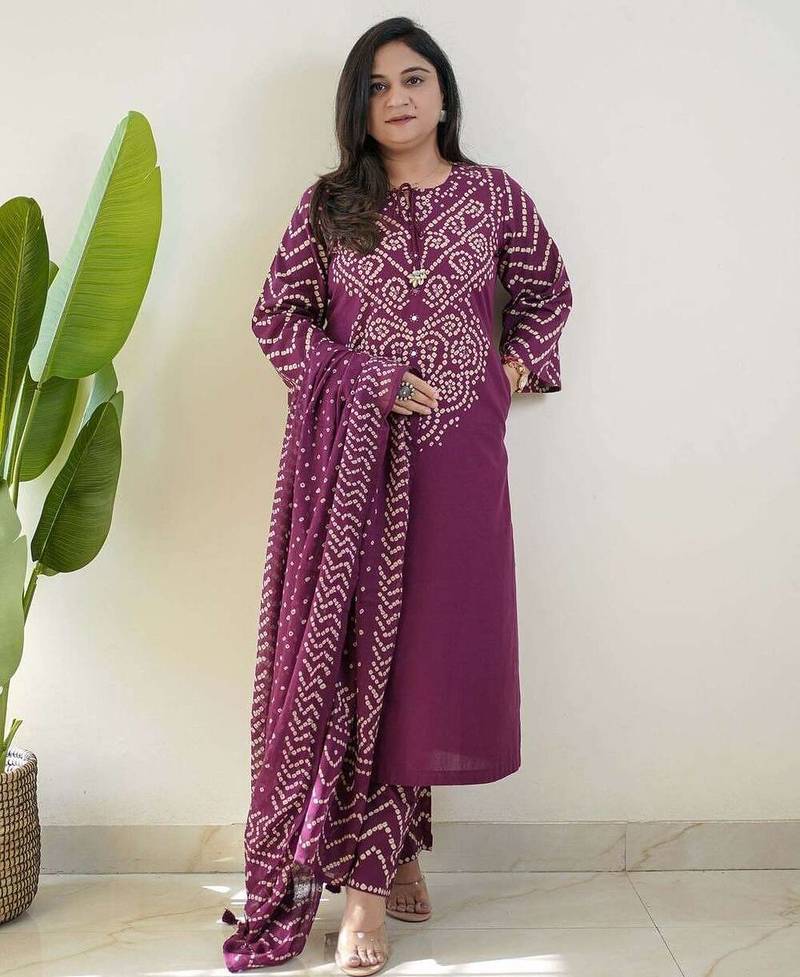 Purple bandhani printed pure cotton straight kurta set with dupatta