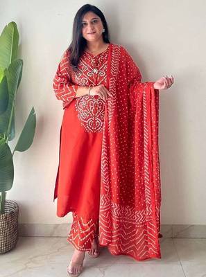 Red bandhani printed pure cotton straight kurta set with dupatta 1