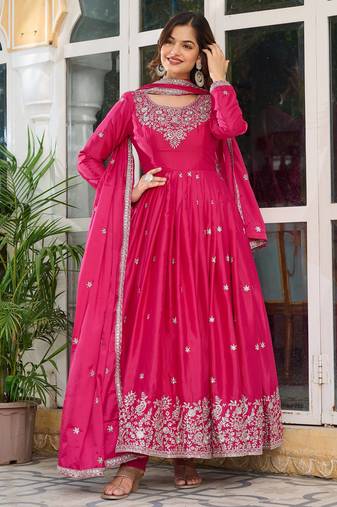 Rani pink american silk blend embroidered gown set with pant & dupatta