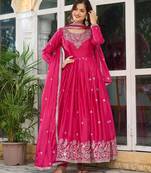 Rani pink american silk blend embroidered gown set with pant & dupatta
