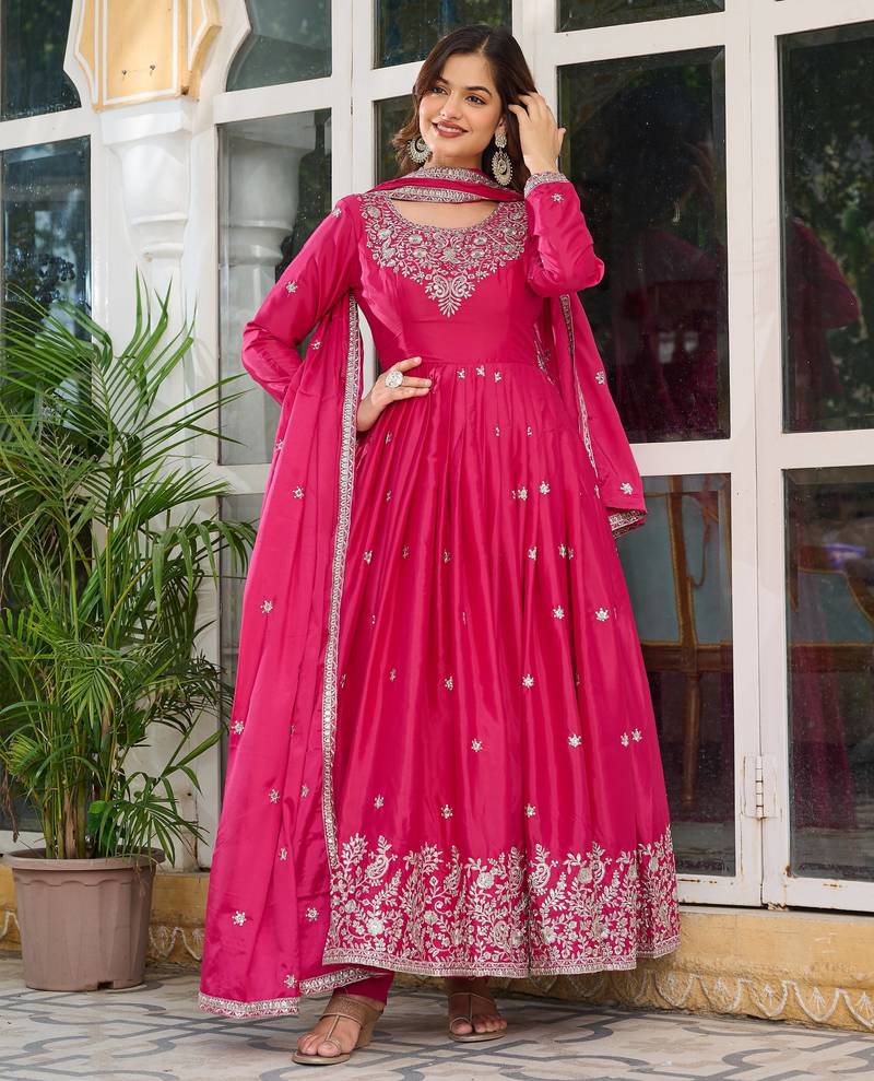 Rani pink american silk blend embroidered gown set with pant & dupatta