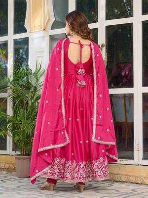 Rani pink american silk blend embroidered gown set with pant & dupatta 2